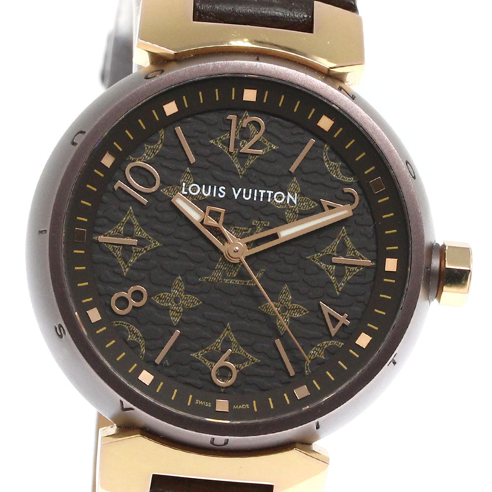 LOUIS VUITTON QA138 Tambour MM Monogram 18K Brown & Gold Quartz Boys' Watch Good Condition Box and Warranty Card Included