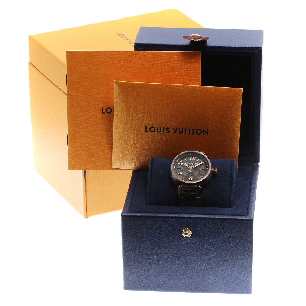 LOUIS VUITTON QA138 Tambour MM Monogram 18K Brown & Gold Quartz Boys' Watch Good Condition Box and Warranty Card Included