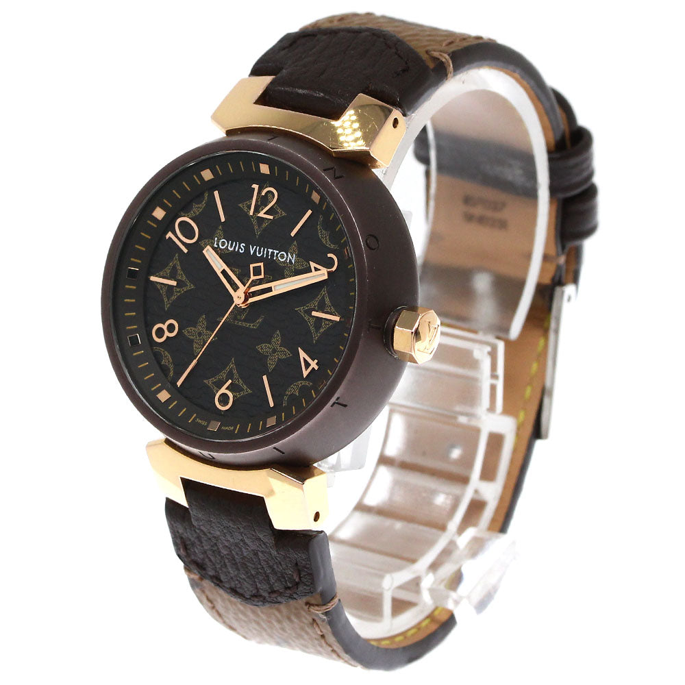 LOUIS VUITTON QA138 Tambour MM Monogram 18K Brown & Gold Quartz Boys' Watch Good Condition Box and Warranty Card Included