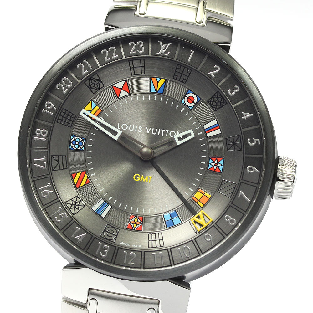 LOUIS VUITTON QA097 Tambour Moon Dual Time GMT Quartz Men's Watch Good Condition Box and Warranty Card Included