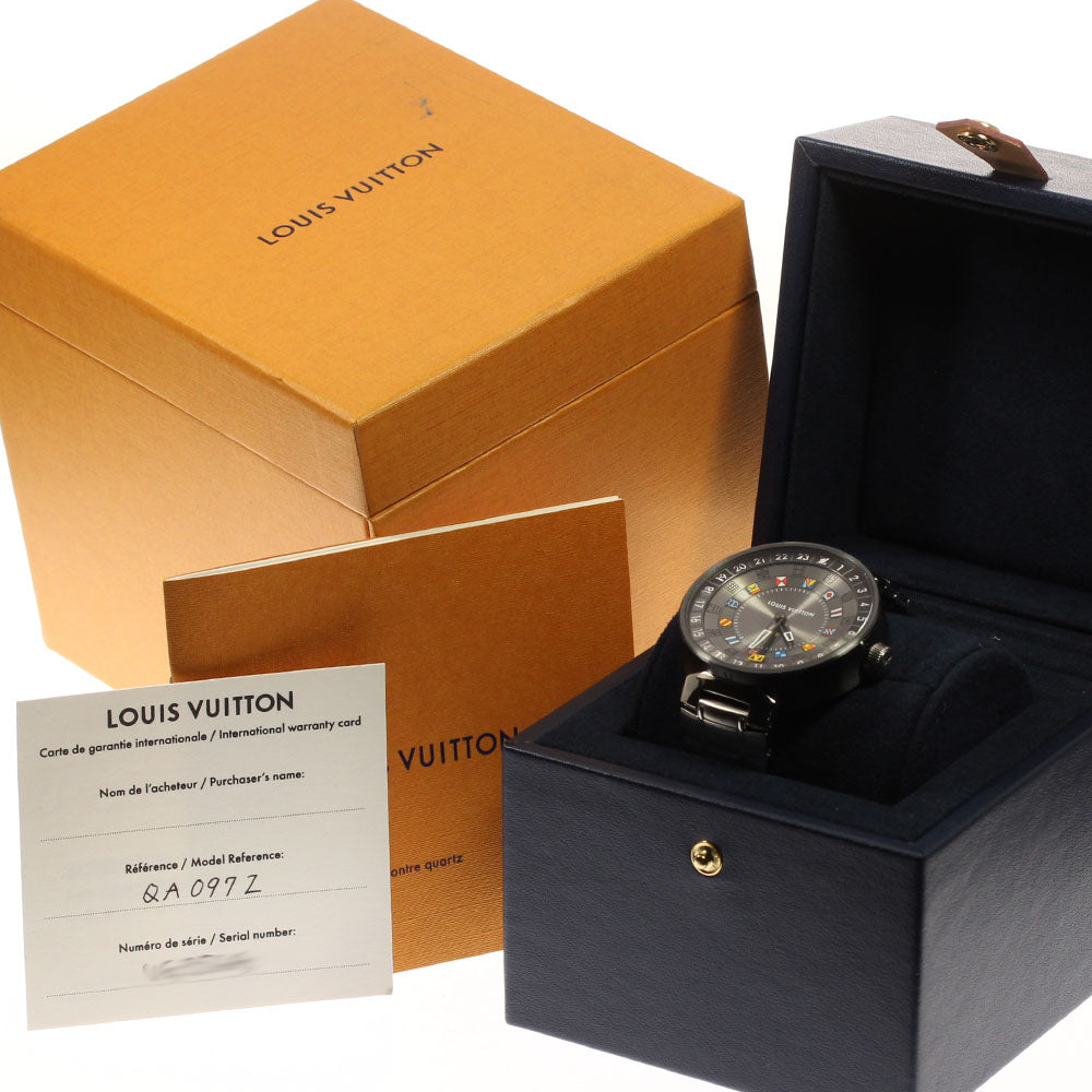 LOUIS VUITTON QA097 Tambour Moon Dual Time GMT Quartz Men's Watch Good Condition Box and Warranty Card Included