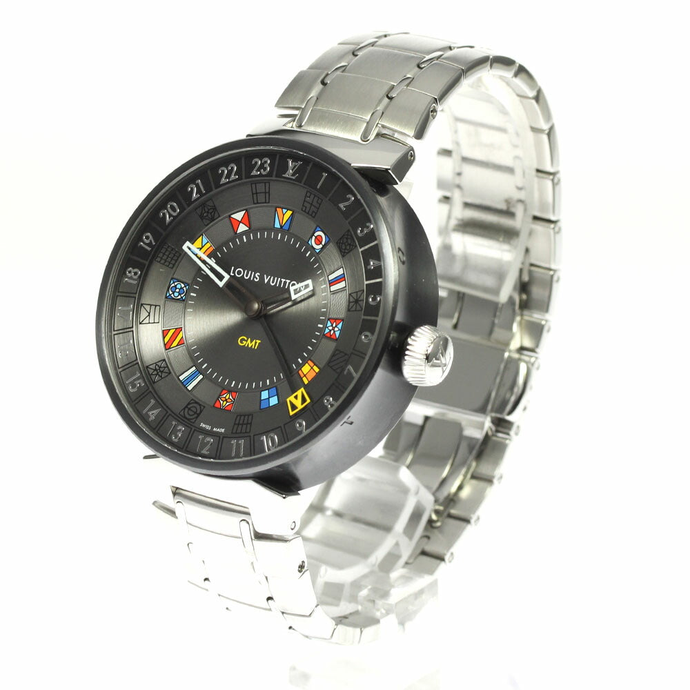 LOUIS VUITTON QA097 Tambour Moon Dual Time GMT Quartz Men's Watch Good Condition Box and Warranty Card Included