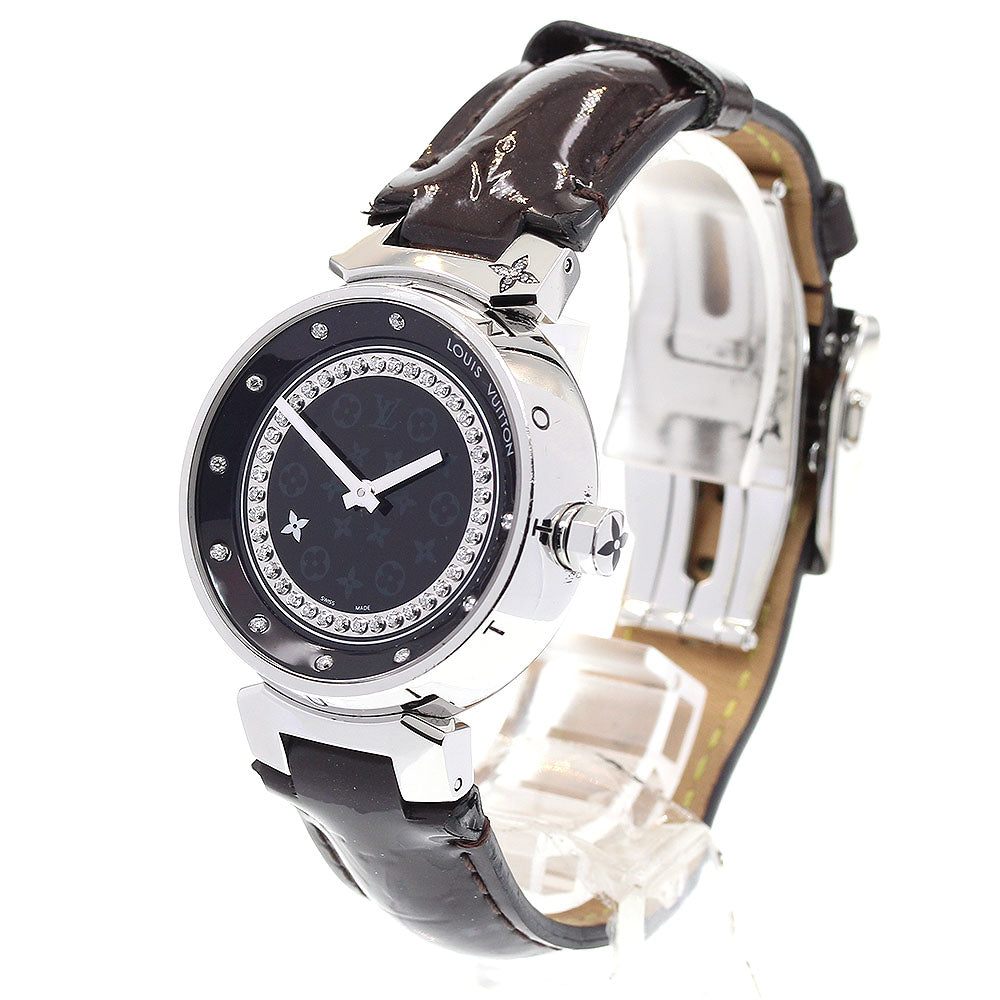 LOUIS VUITTON Q1319 Tambour Disc Amaranth Diamond MM Diamond Quartz with Box and Warranty