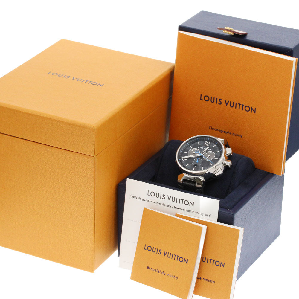 LOUIS VUITTON QA094 Tambour Damier Graphite Chronograph Quartz Men's Watch with Box and Warranty Card