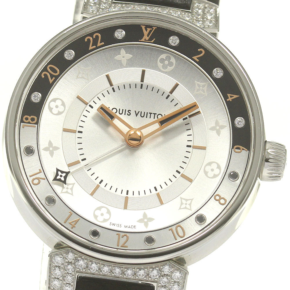 LOUIS VUITTON QA108 Tambour Moon Dual Time MM GMT 6P Diamond Lug Quartz Ladies Watch with Box and Warranty Card