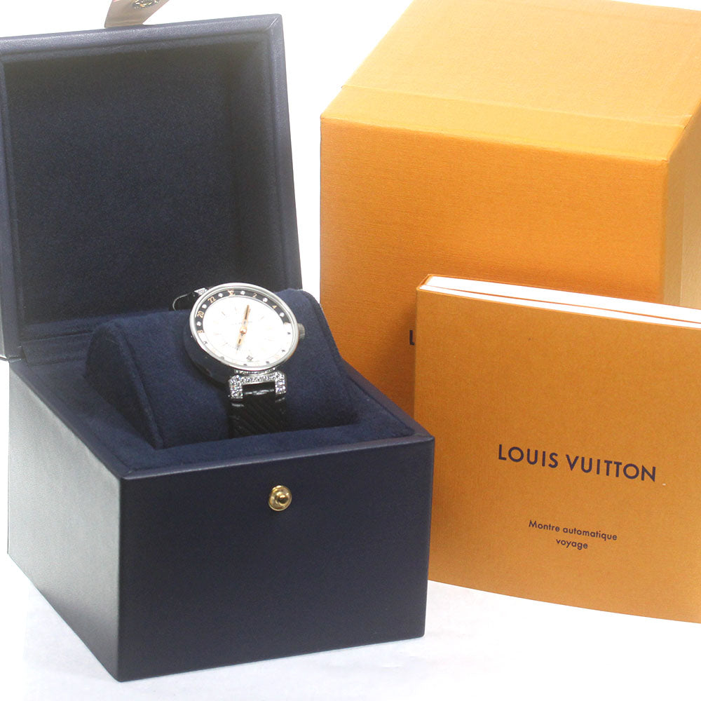 LOUIS VUITTON QA108 Tambour Moon Dual Time MM GMT 6P Diamond Lug Quartz Ladies Watch with Box and Warranty Card