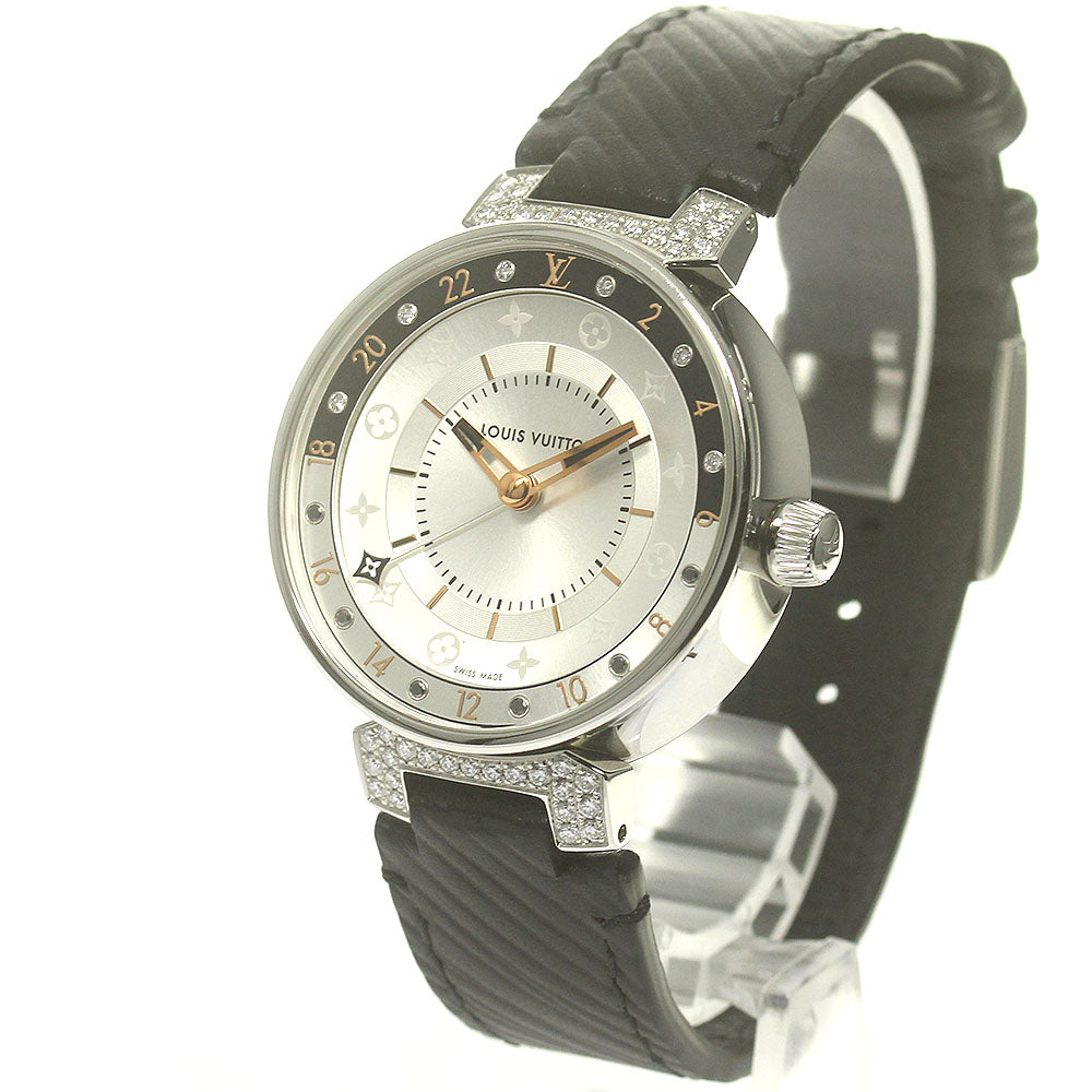 LOUIS VUITTON QA108 Tambour Moon Dual Time MM GMT 6P Diamond Lug Quartz Ladies Watch with Box and Warranty Card