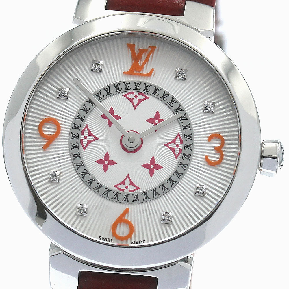 LOUIS VUITTON QA146Z Tambour PM Monogram Fuchsia & Orange 8-Diamond Quartz Women's Watch with Box and Warranty Card