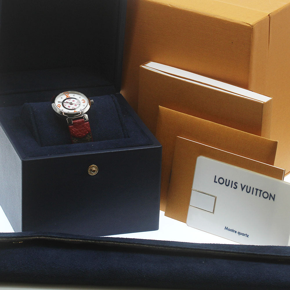 LOUIS VUITTON QA146Z Tambour PM Monogram Fuchsia & Orange 8-Diamond Quartz Women's Watch with Box and Warranty Card