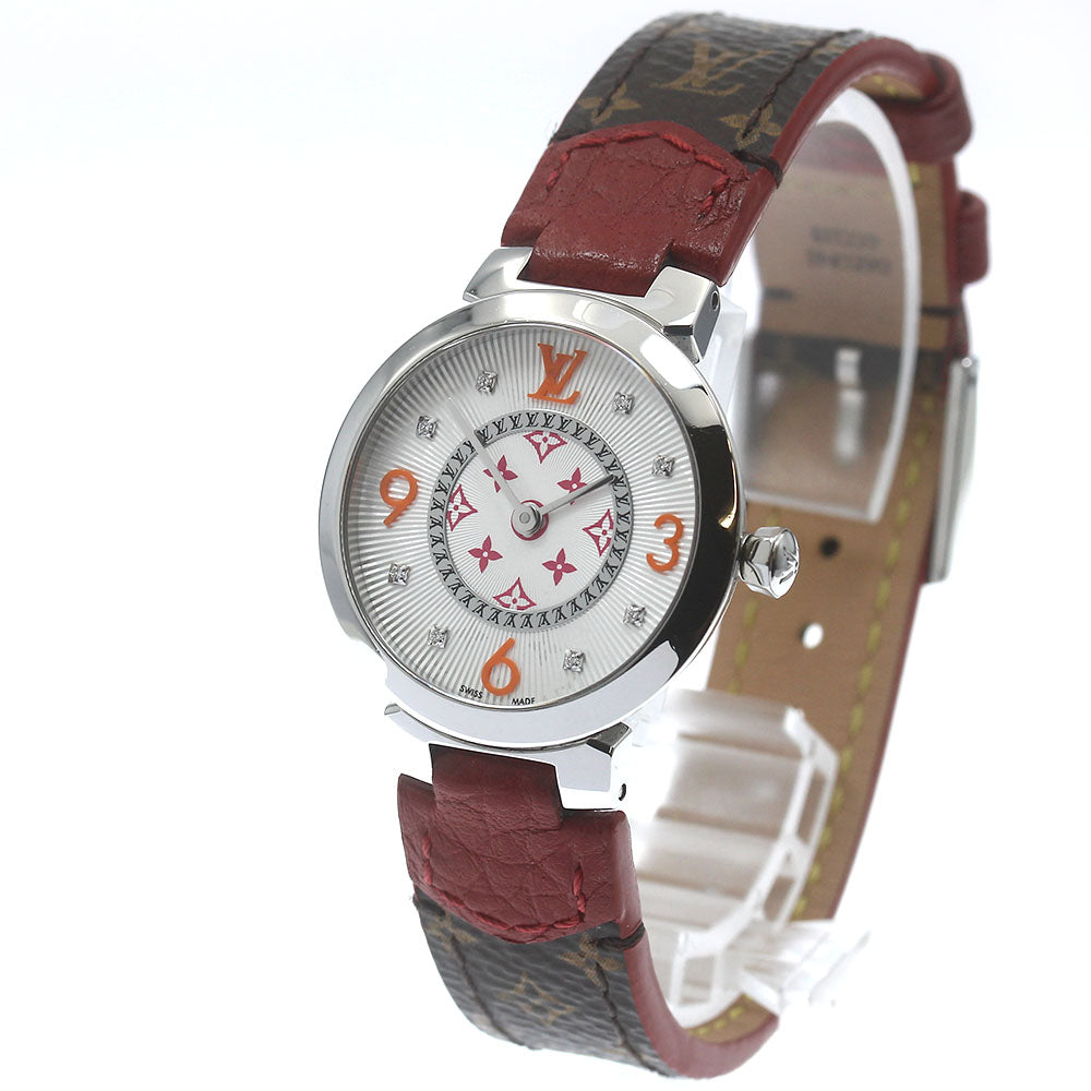 LOUIS VUITTON QA146Z Tambour PM Monogram Fuchsia & Orange 8-Diamond Quartz Women's Watch with Box and Warranty Card