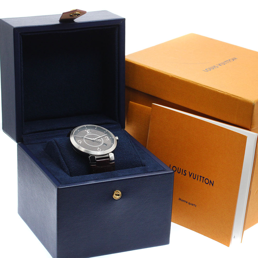 LOUIS VUITTON QA005 Tambour Slim Monogram Date Quartz Men's Watch with Box and Warranty Card