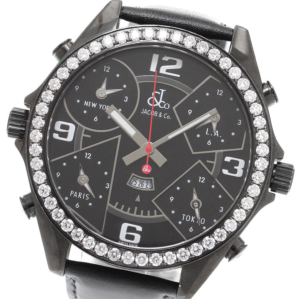 JACOB&CO 6 Time Zone Diamond Bezel Date Quartz Men's Watch