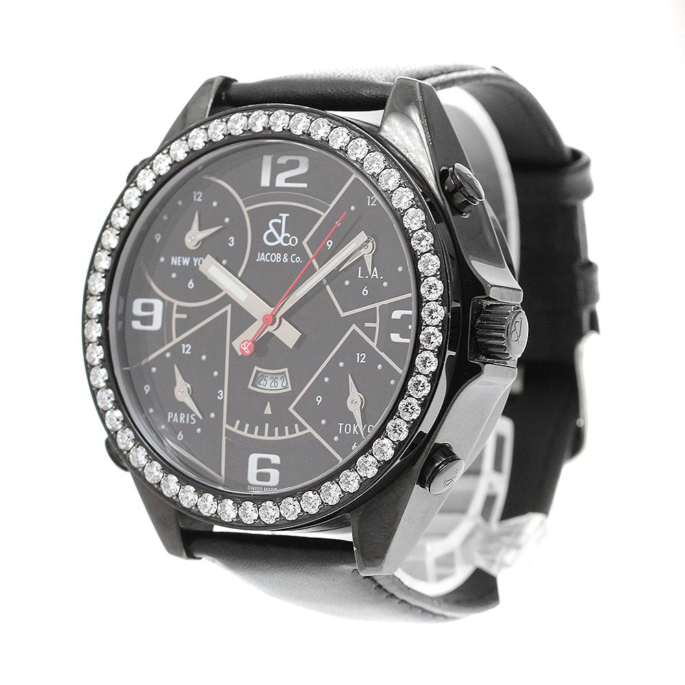 JACOB&CO 6 Time Zone Diamond Bezel Date Quartz Men's Watch