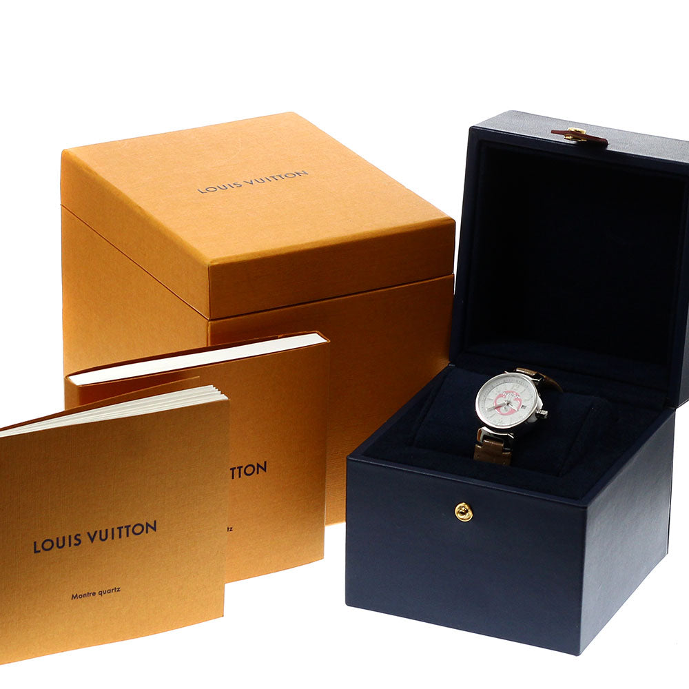 LOUIS VUITTON QA007 Tambour Damier Azur Date Japan Limited Edition Quartz Ladies Watch Excellent Condition with Box and Warranty Card