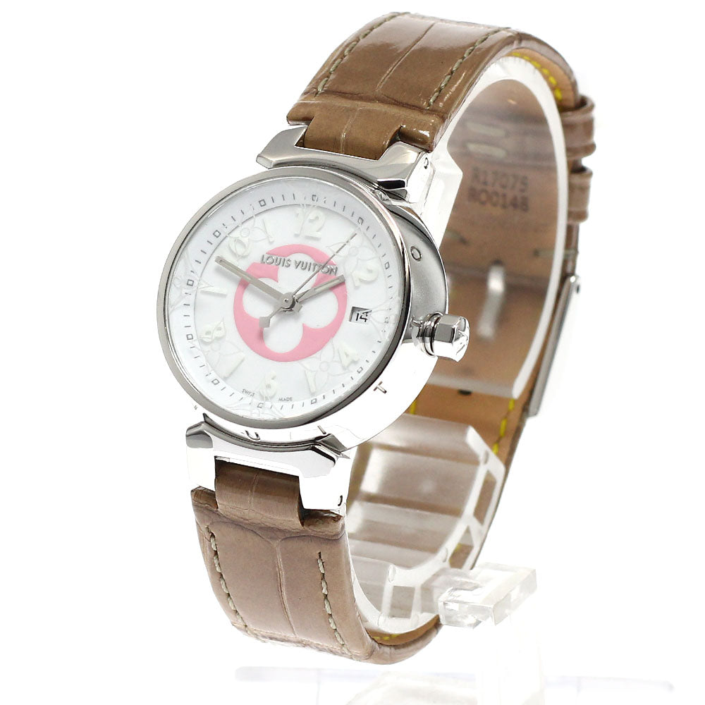 LOUIS VUITTON QA007 Tambour Damier Azur Date Japan Limited Edition Quartz Ladies Watch Excellent Condition with Box and Warranty Card