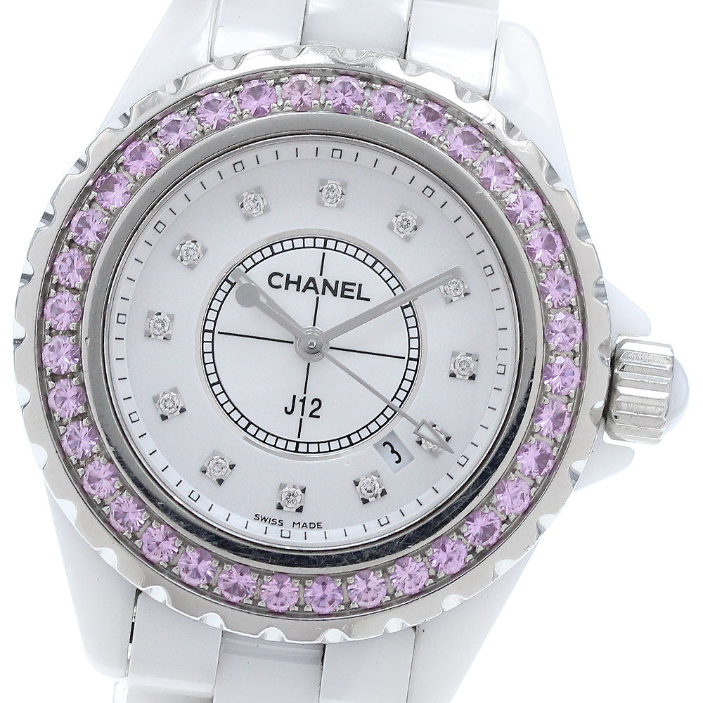CHANEL H2010 J12 Pink Sapphire Bezel 12 Diamond Quartz Women's Watch