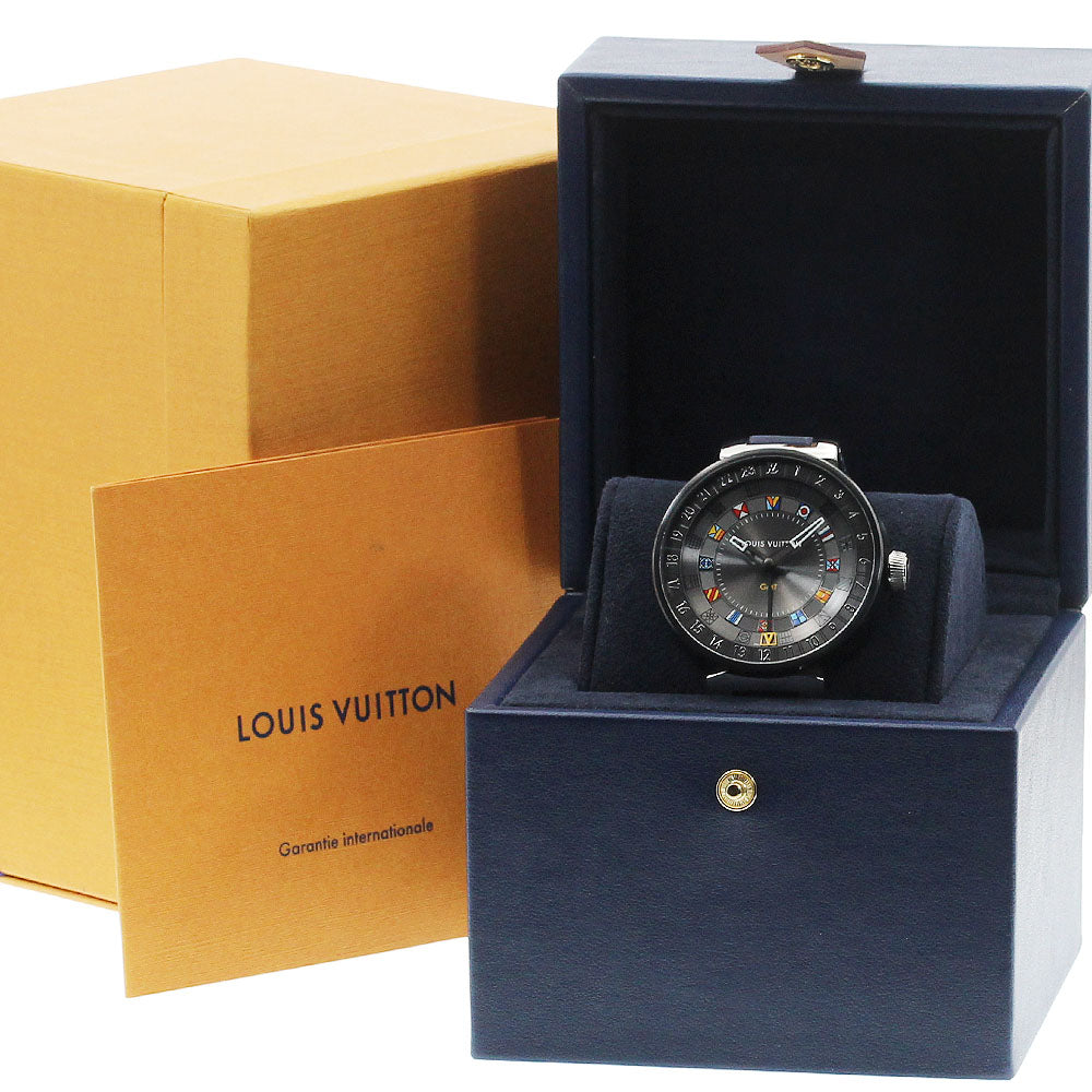 LOUIS VUITTON QA097 Tambour Moon Dual Time GMT Quartz Men's Watch Excellent Condition with Box and Warranty Card