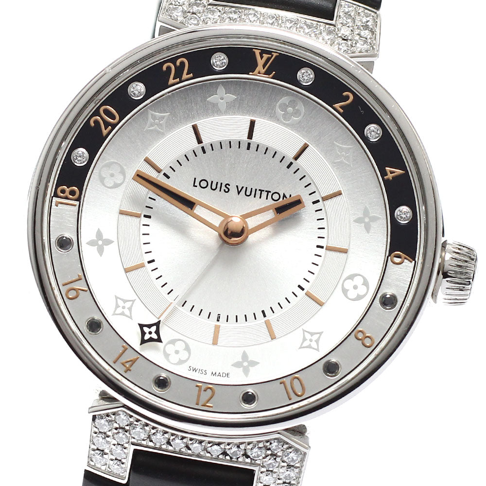 LOUIS VUITTON QA108 Tambour Moon Dual Time MM 6P Lug Diamond Quartz Ladies Watch Excellent Condition with Box and Warranty Card