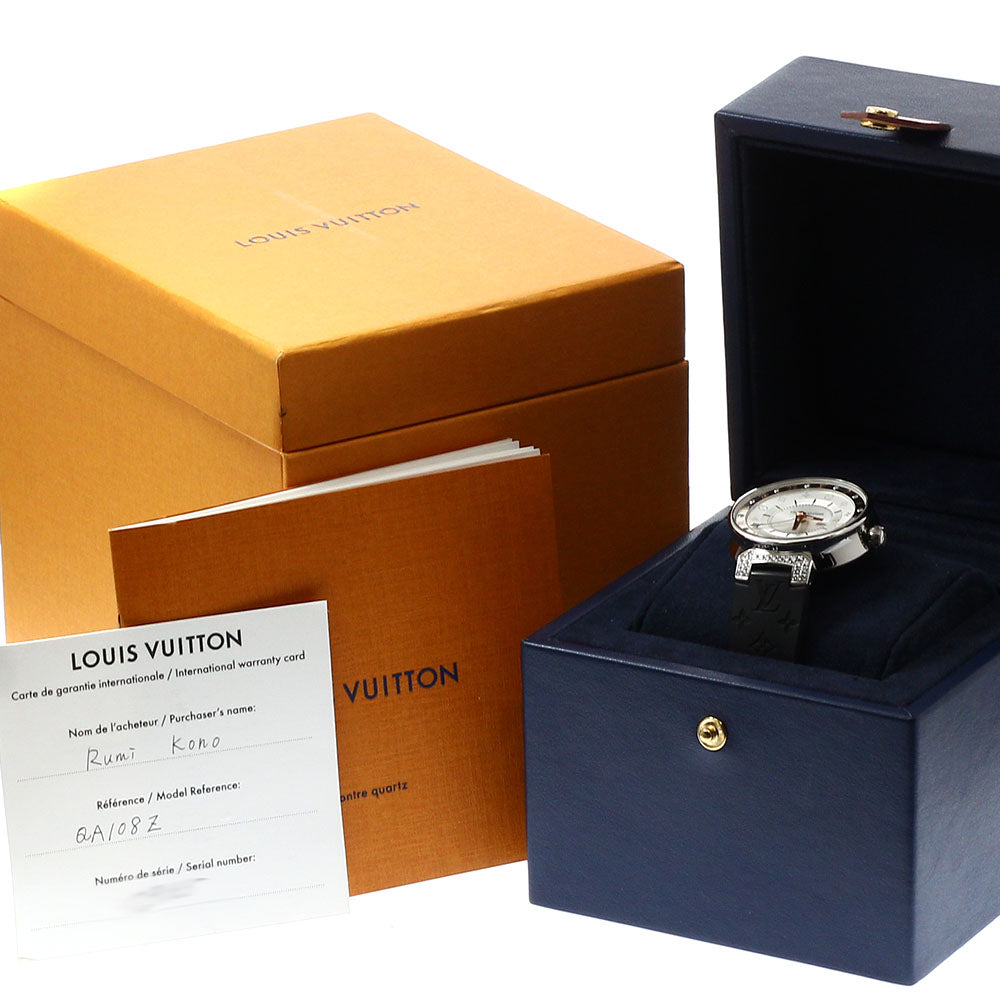 LOUIS VUITTON QA108 Tambour Moon Dual Time MM 6P Lug Diamond Quartz Ladies Watch Excellent Condition with Box and Warranty Card