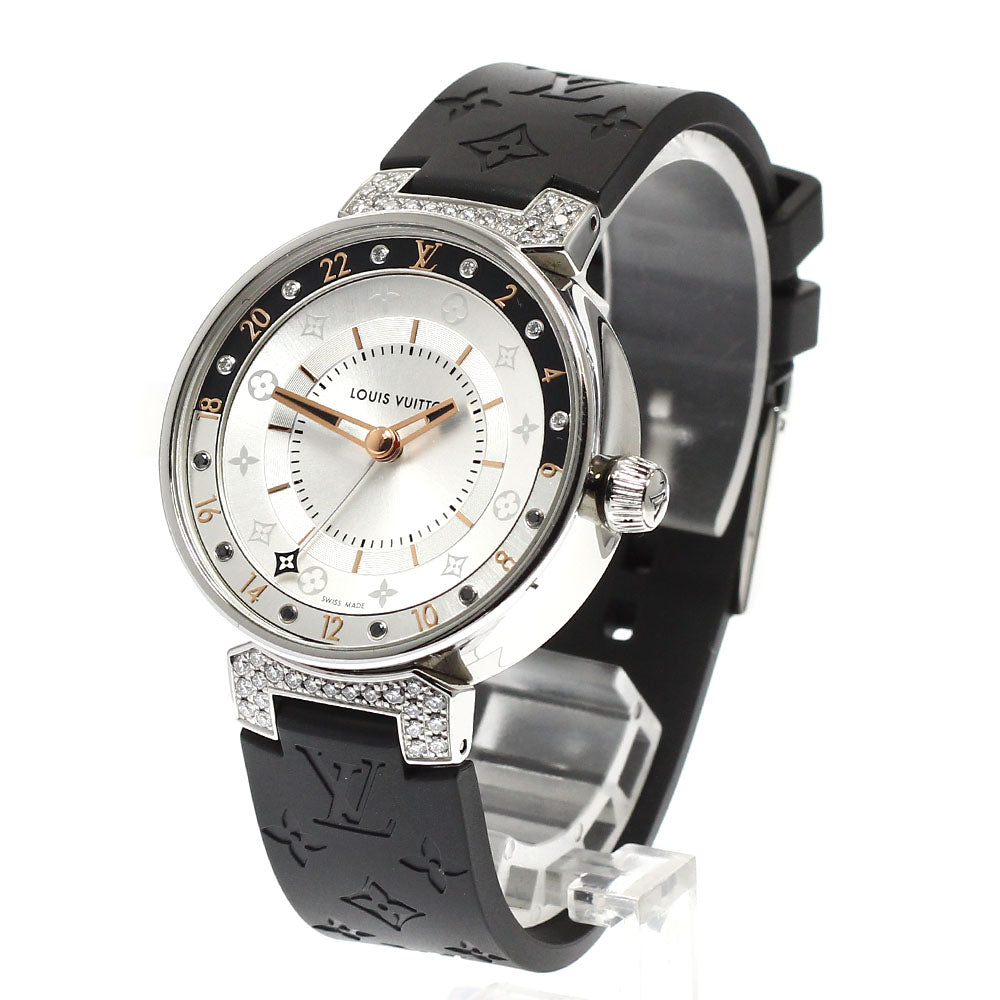 LOUIS VUITTON QA108 Tambour Moon Dual Time MM 6P Lug Diamond Quartz Ladies Watch Excellent Condition with Box and Warranty Card