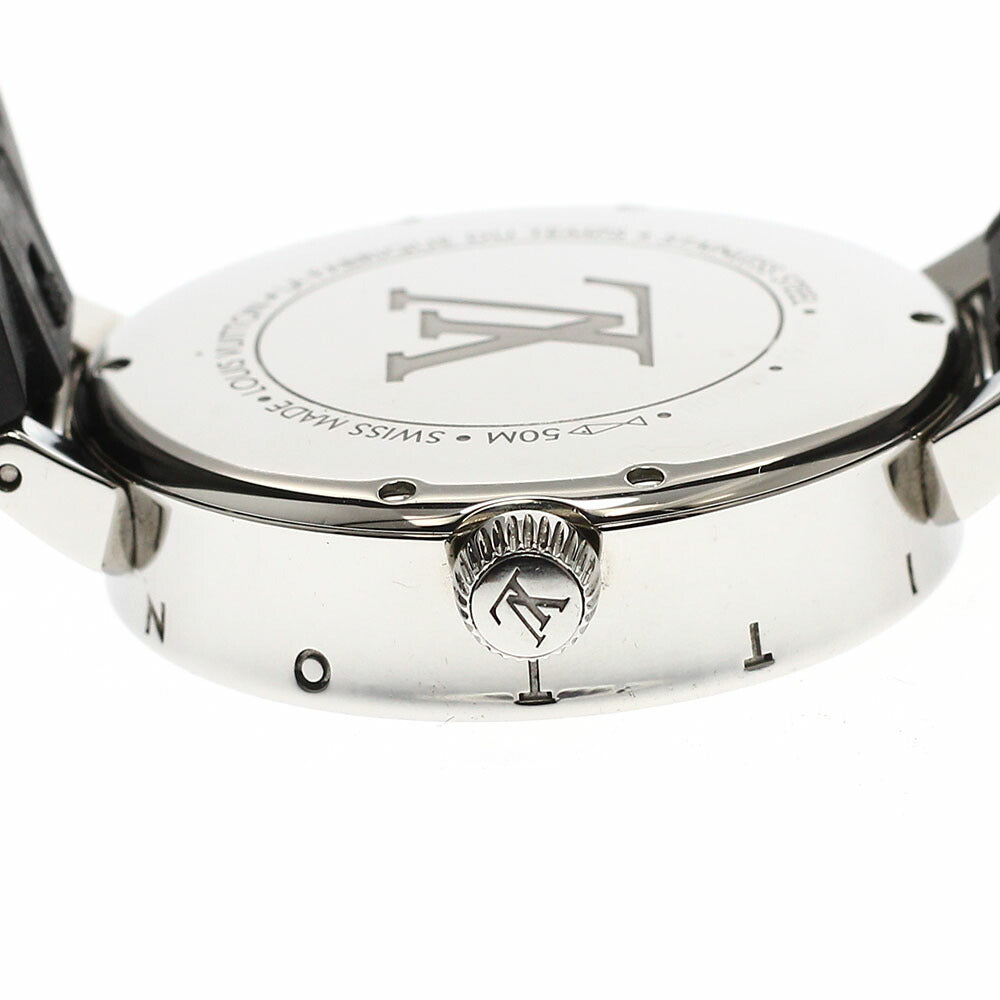 LOUIS VUITTON QA108 Tambour Moon Dual Time MM 6P Lug Diamond Quartz Ladies Watch Excellent Condition with Box and Warranty Card