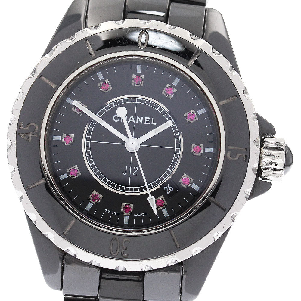 CHANEL H1634 J12 Black Ceramic 12P Ruby Quartz Women's Watch