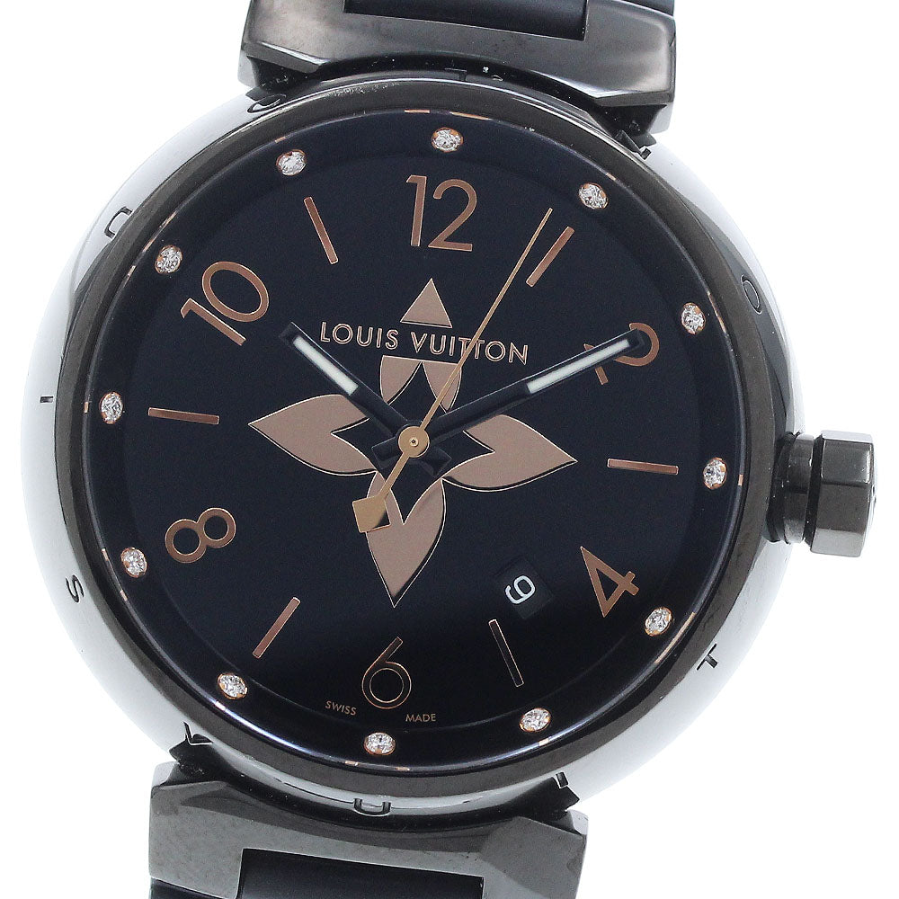 LOUIS VUITTON QA049 Tambour All Black GM 12P Diamond Date Quartz Men's Watch (Good Condition)