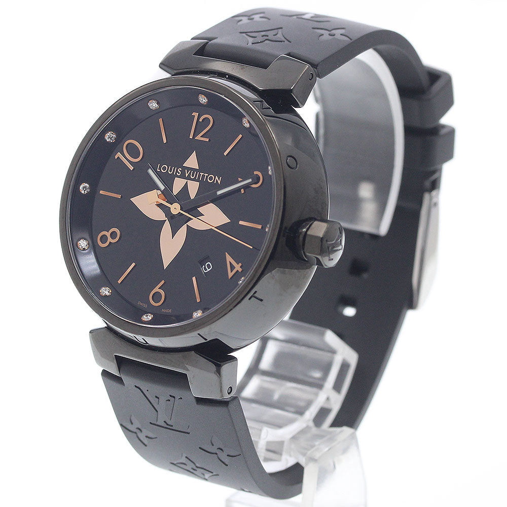 LOUIS VUITTON QA049 Tambour All Black GM 12P Diamond Date Quartz Men's Watch (Good Condition)
