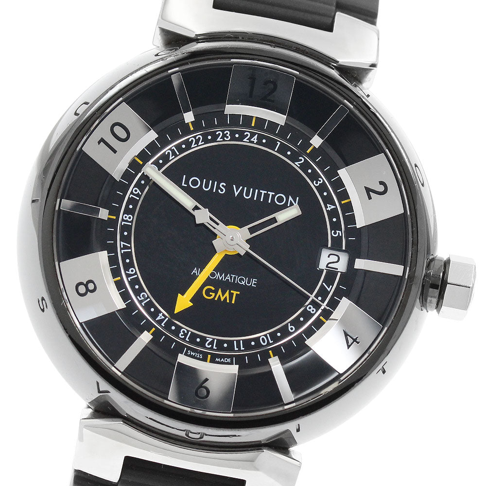 LOUIS VUITTON Q113I Tambour in Black GMT Automatic Men's Watch with Box and Warranty Card